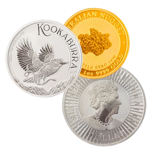 Australian Kookaburra silver coin, Australian Nugget gold coin, and Queen Elizabeth II silver coin from an Aussie Bullion Buyers Club dealer