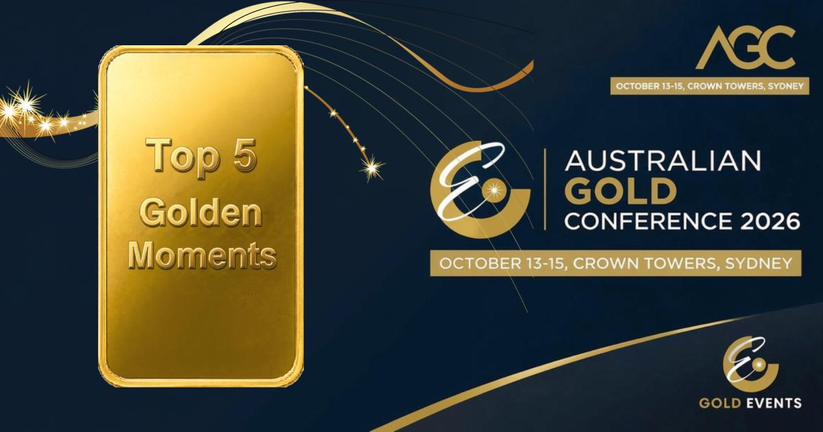 Gold bar reading "Top 5 Golden Moments" beside the Australian Gold Conference 2026 logo, 13–15 October, Crown Towers Sydney