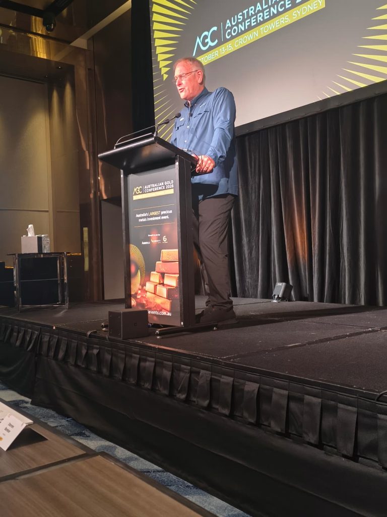 ick Rule delivering his keynote at the Australian Gold Conference 2026 in Sydney