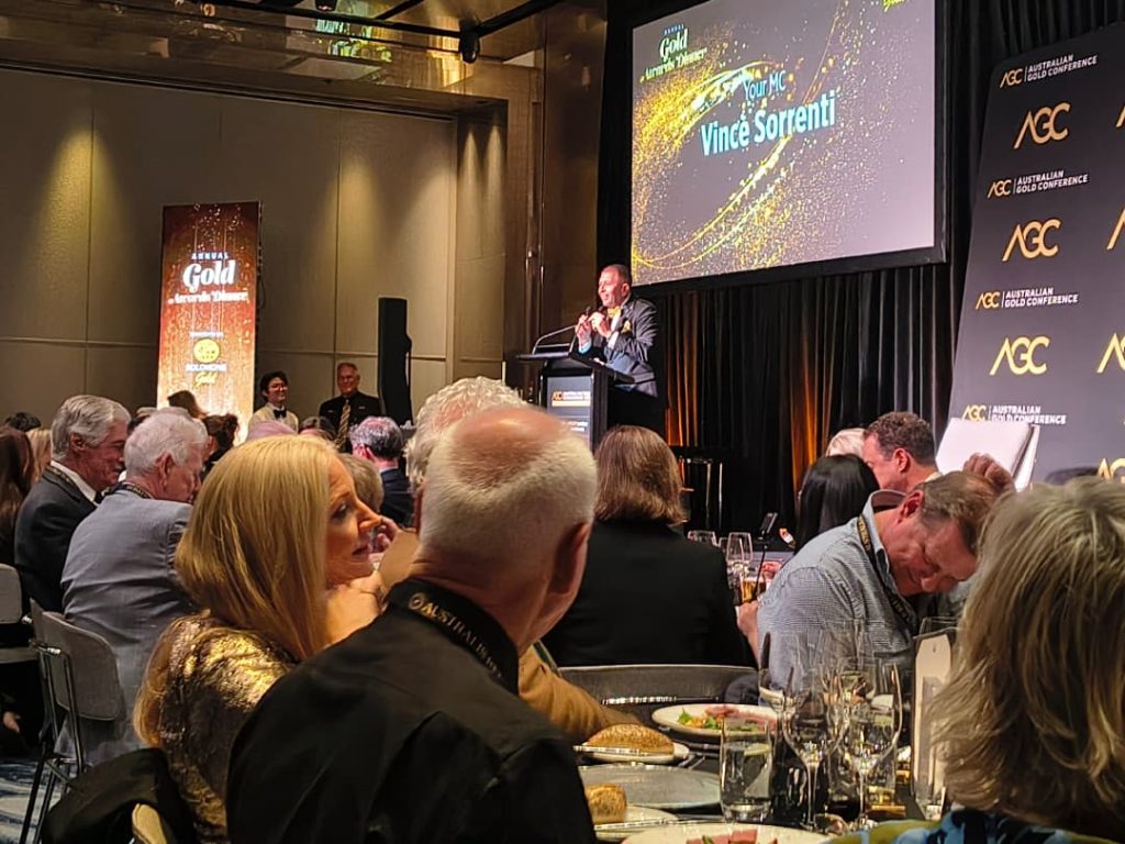 Vince Sorrenti MC-ing the Gold Industry Awards Gala Dinner at the Australian Gold Conference 2026